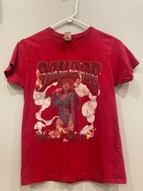 Red Graphic Tee with Blue & White Cowgirl Illustration Megan thee  stallion